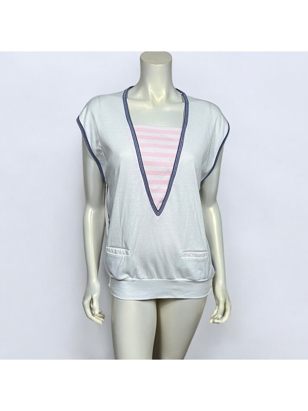 Jantzen Pink Striped Sleeveless V-Neck Cotton Top XL White Navy Made in USA